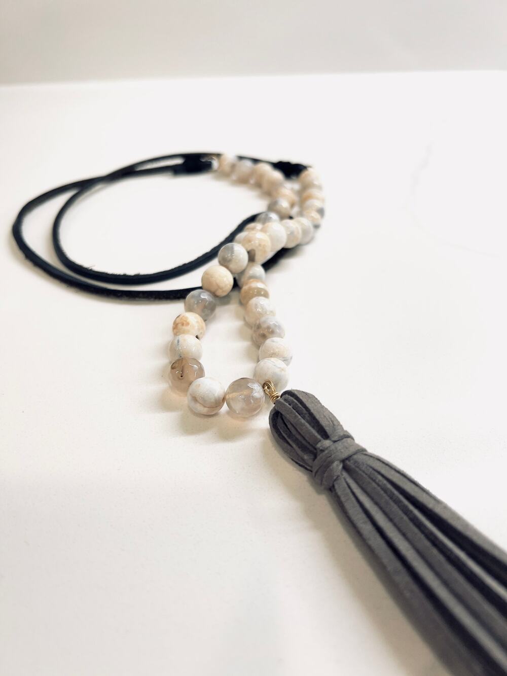 Beaded / Leather Long Boho Necklace Leather Tassel Western cowgirl chic